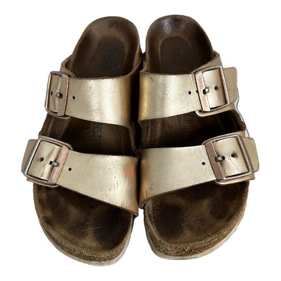 Birkenstock Arizona Soft Footbed Metallic Rose Gold Leather Sandals Size 37 - Picture 2 of 8